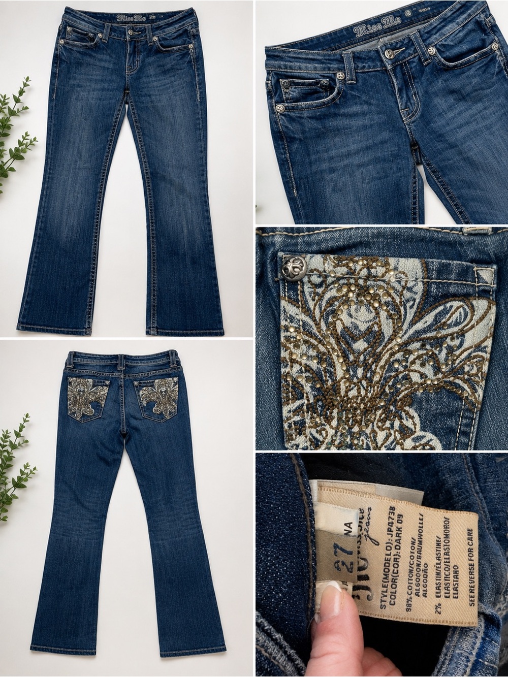Miss Me Women’s Embellished Bootcut Jeans – Size 27 – Dark Wash
